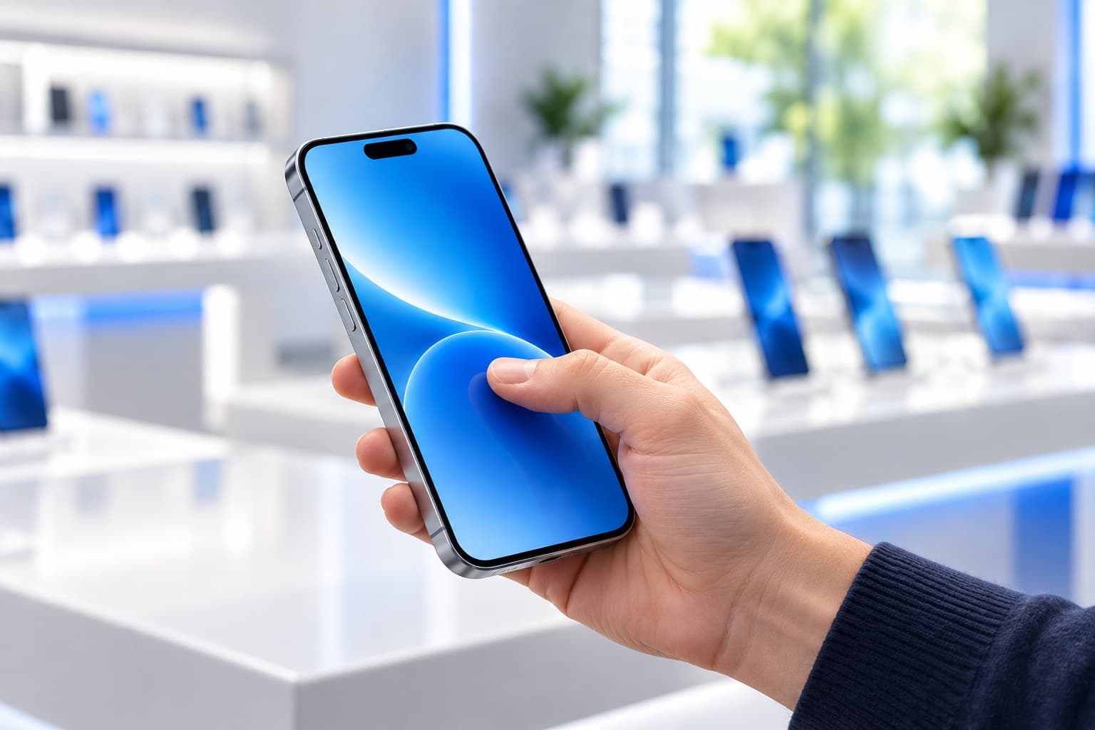 Hand probiert im Laden ein Smartphone aus
