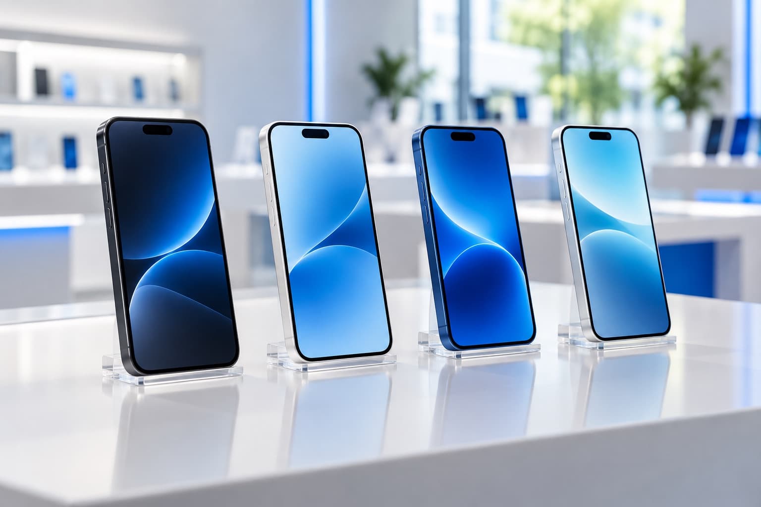 Gebrauchte Smartphones in verschiedenen Farben auf einem hellen Verkaufstisch