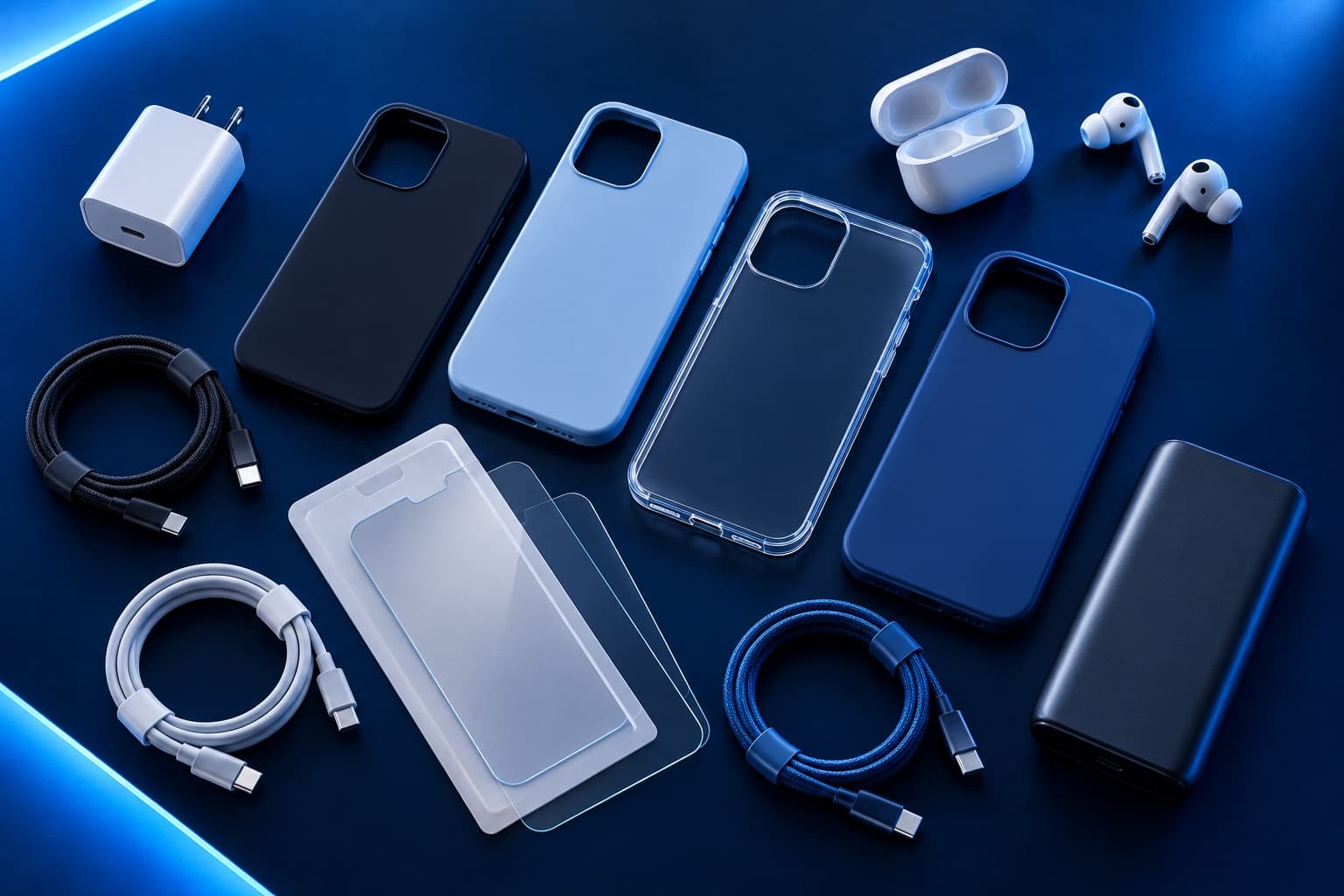 Smartphone-Zubehör von oben: Hüllen, Panzerglas, Ladekabel, Netzteil, Powerbank und Kopfhörer